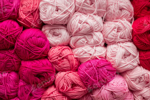 Preview: Pink, rose, fuchsia, magenta Colored balls of yarn. Knitting needles. Crocheting yarn