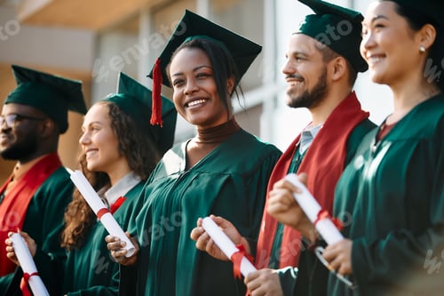 Preview: Happy black student and her classmates during the ceremony on their graduation day.