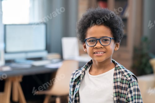 Preview: Adorable schoolboy in casualwear and eyeglasses standing in living-room