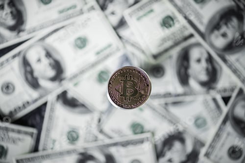 Preview: selective focus of silver bitcoin and dollar banknotes on background