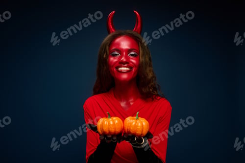 Preview: A captivating woman dressed in a devil costume holds pumpkins, embracing the Halloween spirit