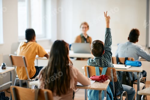 Preview: Back view of elementary student with raised arm during a class at school.