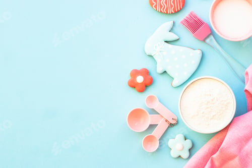 Preview: Easter baking background at blue flat lay.