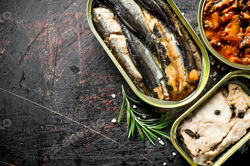 Preview: Canned Seafood Variety on Dark Textured Background