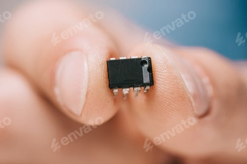 Preview: selective focus man showing black, metallic microchip