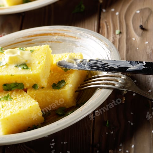 Preview: Polenta with butter and greens on clay dish on wooden rustic tab
