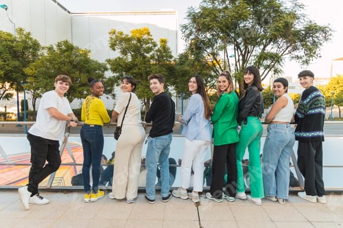 Preview: Group of diverse friends standing near railing fitted with glass walls