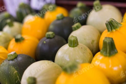 Preview: Yellow green and white pumpkins are laid in a row on the counter in the rural market. Natural Bio
