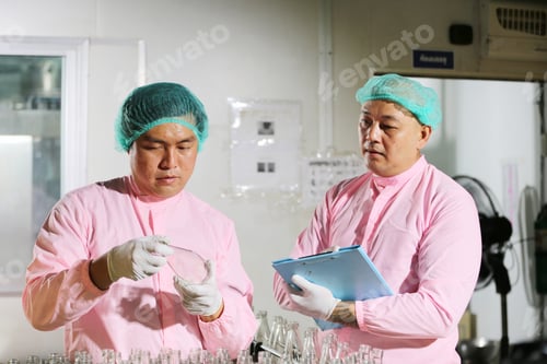 Preview: Factory worker examining a bottle in factory, technology industry business concept.