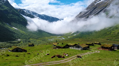 Preview: Norwegian Valley Cottages Under a Misty Sky