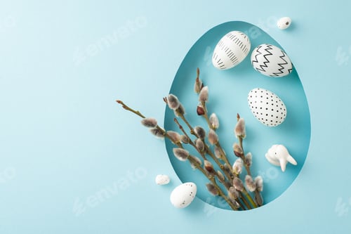 Preview: Playful Easter imagination scene: top-view photo featuring adorable hare ears peeking through