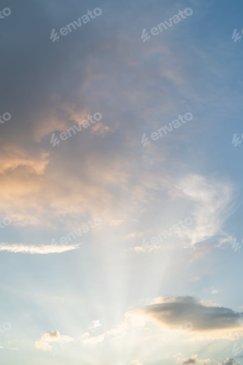 Preview: Morning cloudy sky with sun rays. Copy space wallpaper.