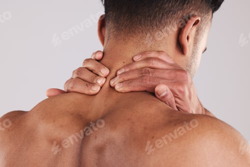 Preview: Injury, neck and hands of man in pain feeling muscle tension, inflammation and spine for treatment