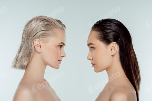 Preview: nude multiethnic girls looking at each other, isolated on grey, natural beauty