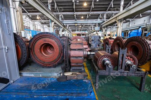 Preview: Locomotive diesel engine spare parts in a maintenance workshop Cylinder blocks