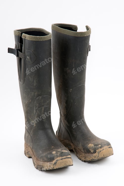 Preview: Pair of Muddy Wellington Boots on White Background