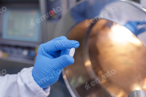 Preview: Pharmaceutical Worker Conducting Quality Control Inspection of Tablet, Modern Manufacturing