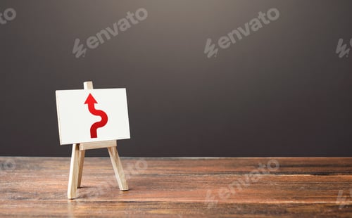 Preview: An easel with a red arrow avoiding an obstacle. Deviation from the route. Inevitability and inabilit