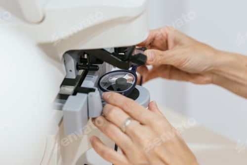 Preview: Optician preparing eyeglasses using lensmeter for graduation