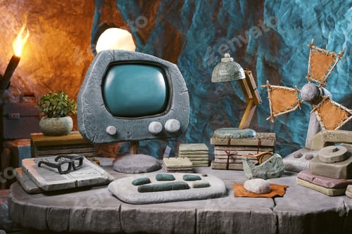 Preview: Prehistoric office desk and computer made of stone