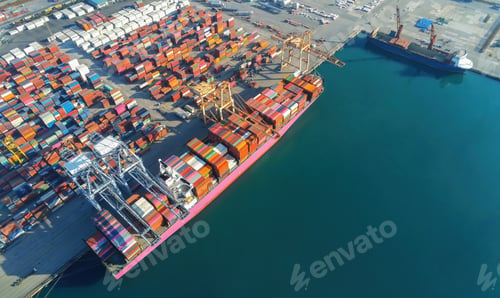 Preview: Arial view by drone camera transportation logistics and container dock cargo yard with working crane