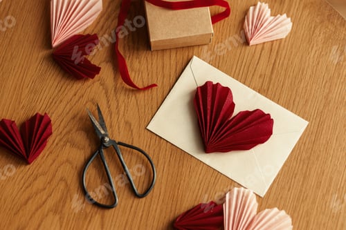 Preview: Happy Valentine's day! Stylish envelope with red heart, scissors and gift box on rustic wooden table