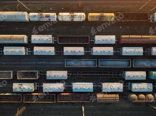 Preview: Aerial view of railway wagons. Cargo trains at sunset