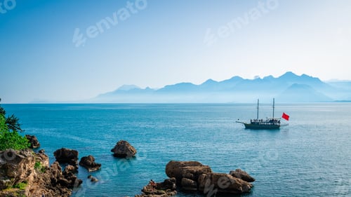 Preview: Antalya, Turkey. Sailing Ship For Sea Tours. Mediterranean landscape