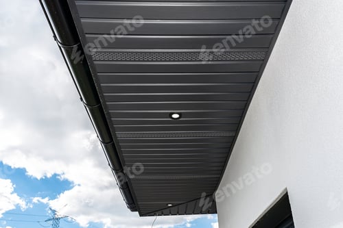 Preview: A modern graphite roof lining is attached to the trusses, visible turned on LED lights.