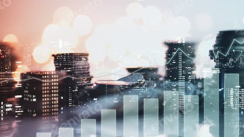 Preview: Double Exposure Of City View , Diagram Bar And Line Graph , Rows Of Coins For Finance , Money
