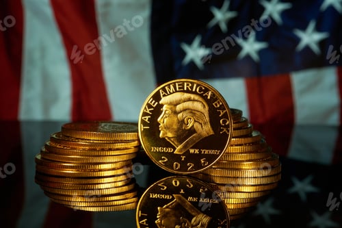 Preview: Collectible gold coins with presidential images and the United States flag.