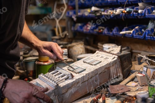 Preview: Modeller man working at scale model of miniature building in his workshop full of tools