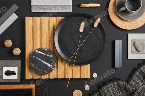 Preview: Stylish flat lay comosition of creative architect moodboard