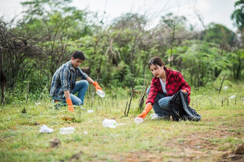 Preview: Men and women help each other to collect garbage.