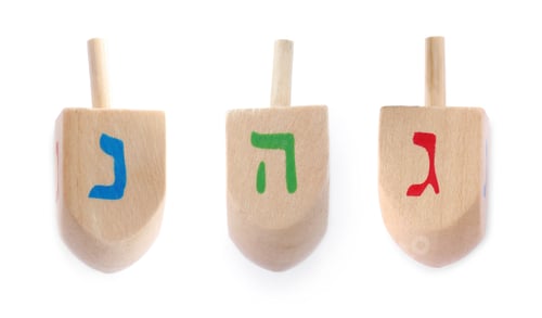 Preview: Hanukkah traditional dreidels with letters on white background, collage