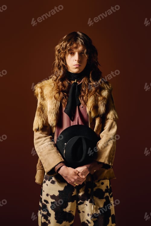Preview: Handsome stylish man posing confidently in unique attire against a rich brown backdrop