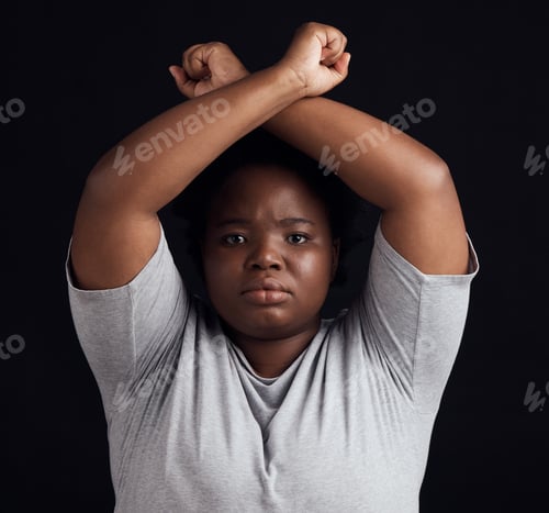 Preview: Portrait, human rights and a black woman in protest of domestic violence on a dark background. Free