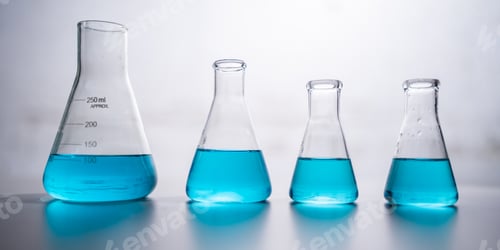 Preview: blue chemical liquid experiment in scientific glassware equipment in science medicine