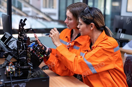 Preview: Girl engineer doing robot project testing cyborg hand control signal as high technology innovation