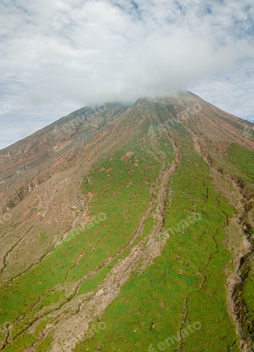 Preview: Aerial drone view of Mount Sinabung at Berastagi in North Sumatra, Indonesia.