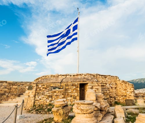 Preview: Greek flag waving against blue sky