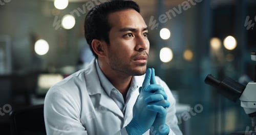 Preview: Scientist, man and thinking by microscope in lab for problem solving with medical research for vacc