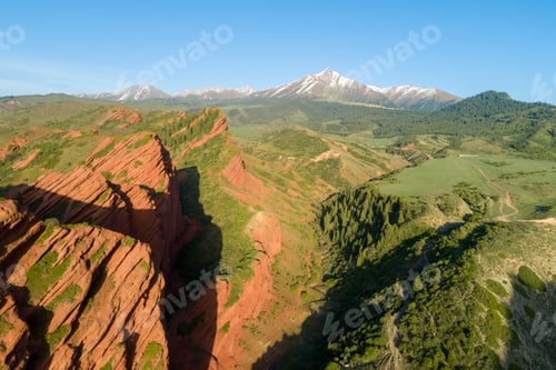 Preview: Red Rocks, Coniferous Forest and Mountains on Background. Aerial View