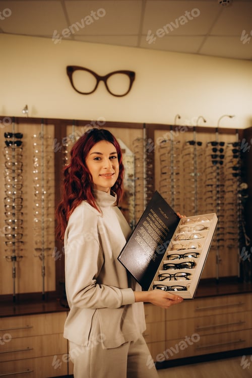 Preview: A cute woman chooses glasses in an ophthalmic store. A woman buys glasses. A woman on the background