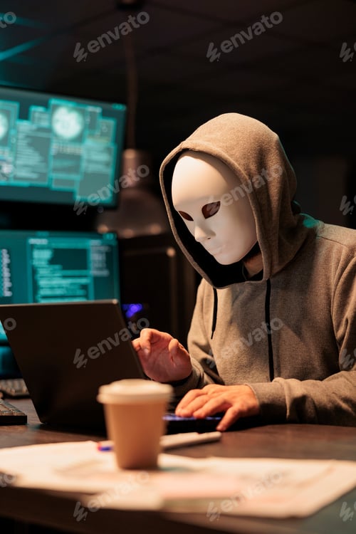 Preview: Dangerous masked thief installing virus to hack system