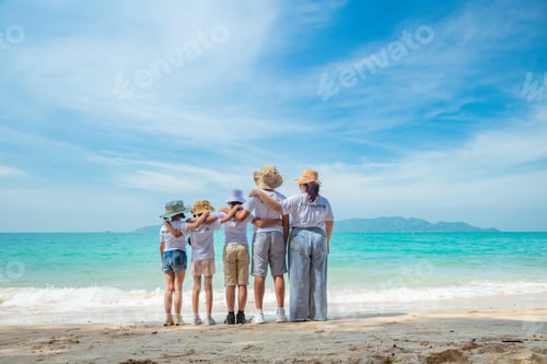 Preview: Group of teacher and school children on ecotourist trip and used binoculars learning show beach take