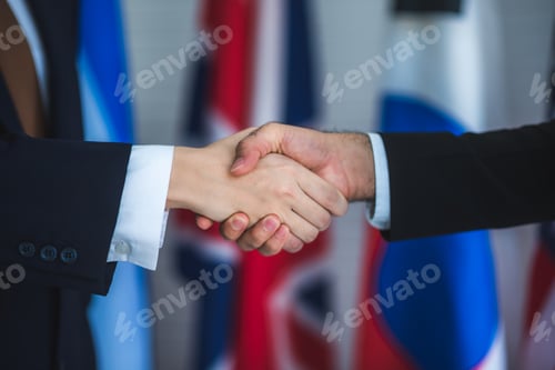 Preview: Business people shake hands, international flag background