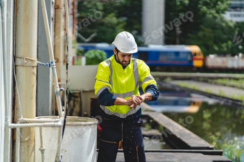 Preview: professional technician engineer with safety hard hat working to maintenance construction equipment