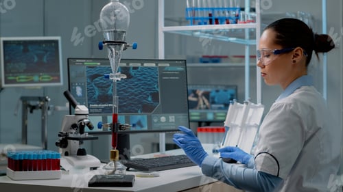 Preview: Chemist doctor using animation computer in laboratory