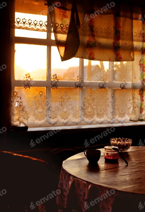Preview: Veranda in countryside sunset in golden hour, rustic mood with warm light and dark shadows